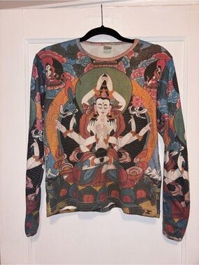 Vintage 90s All Over Print Buddhist Tibetan Psychedelic Faded Long Sleeve